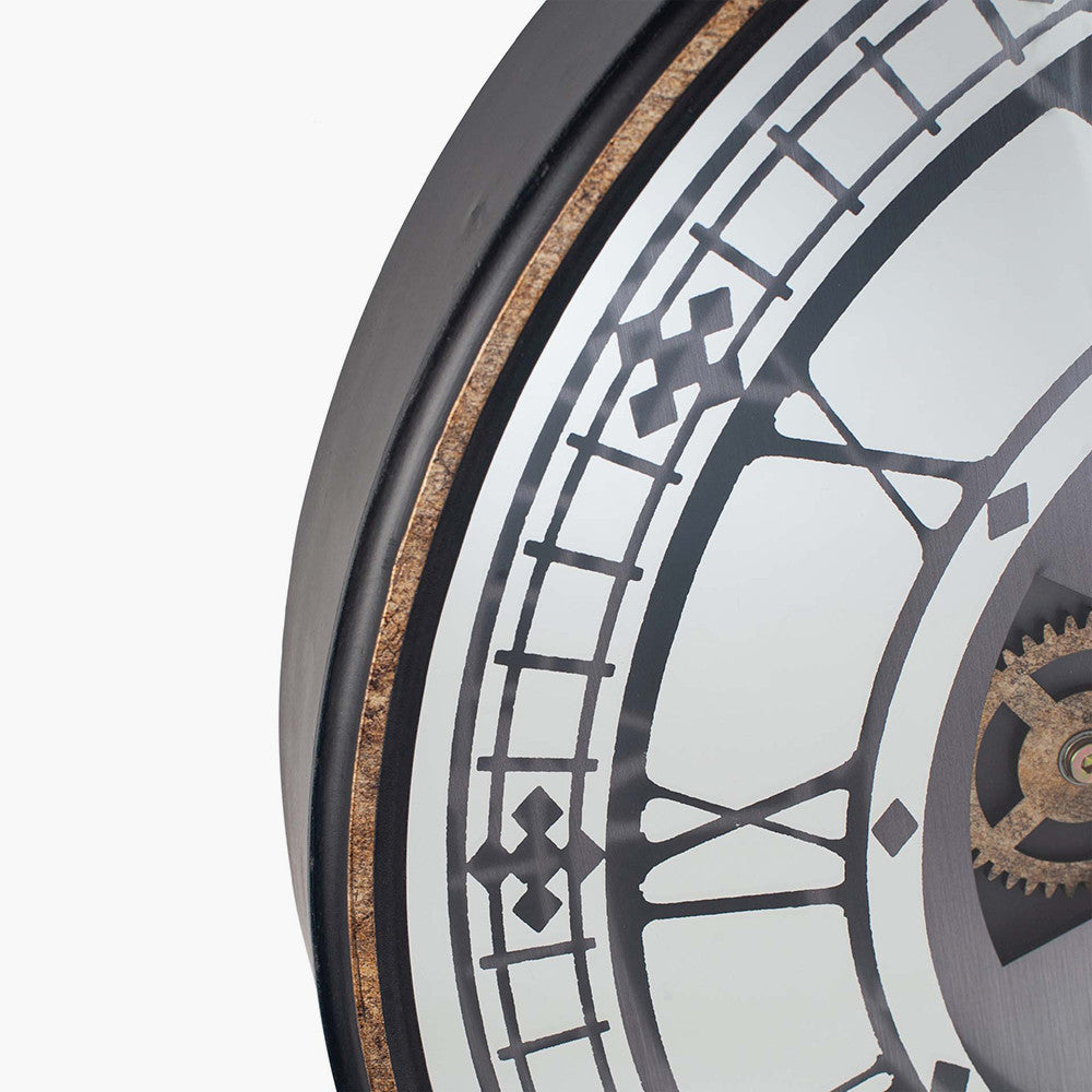 Antique Gold Wood & Mirror Working Cog Round Wall Clock